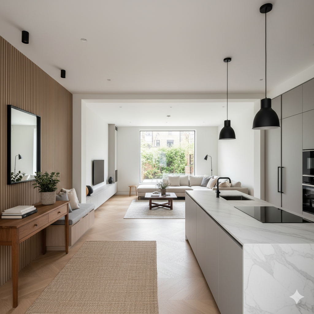 Rénovation complète séjour et cuisine avec mur briques à Sceaux (92)